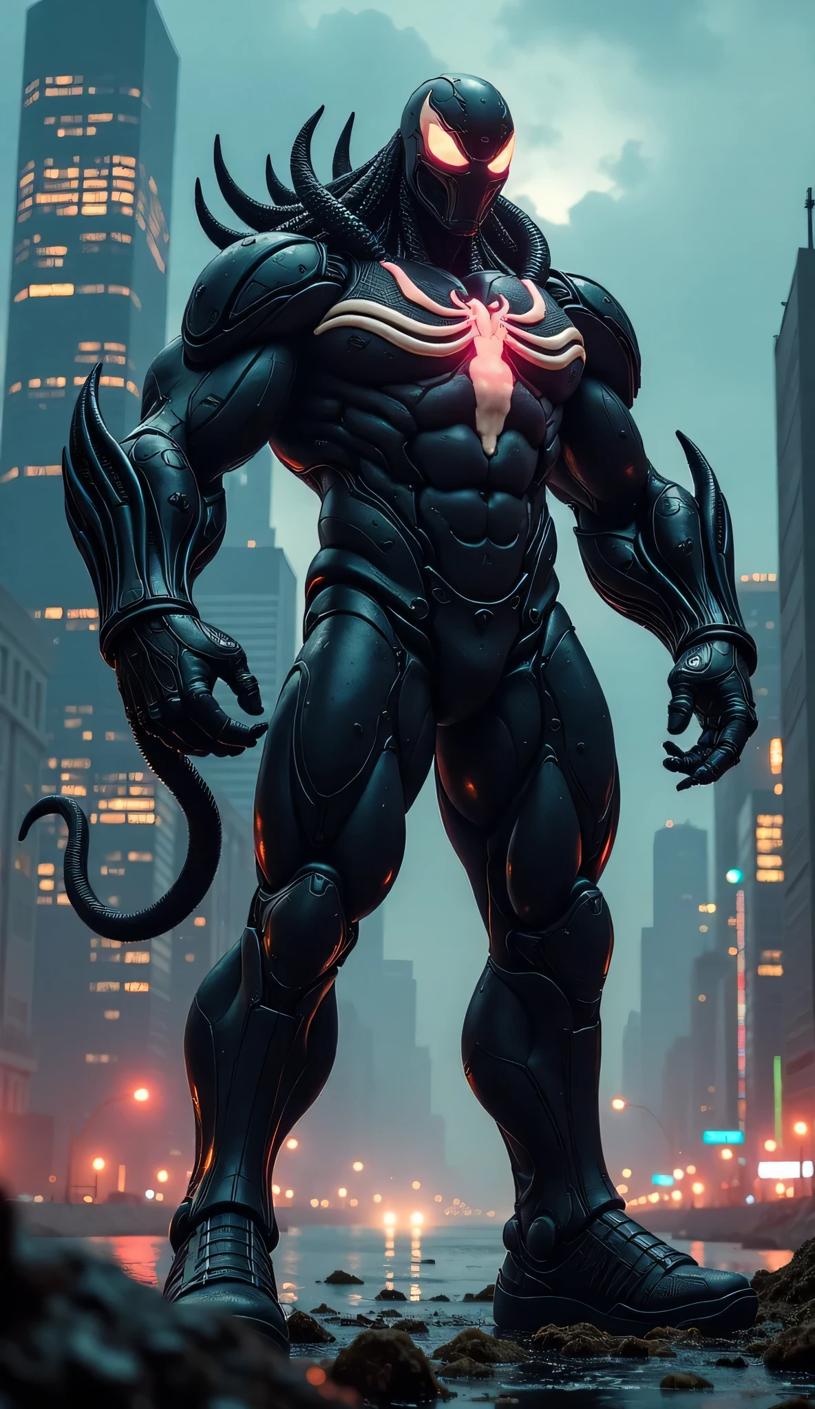 "Create a towering, muscular Ultraman-like figure with the powerful, symbiotic characteristics of Venom. The Ultraman should have a sleek, futuristic suit with black, organic tendrils wrapping around his body, giving him a dark and menacing aura. His stance is heroic, standing tall against a backdrop of a glowing city skyline, with skyscrapers and neon lights illuminating his armor. The design should be highly detailed, showcasing his athletic build, massive size, and the dynamic tension between his Ultraman origins and Venom-like features. The atmosphere is cinematic, with dramatic lighting and intense focus on the character's raw power."
