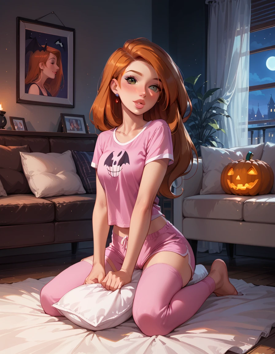 score_9,score_8_up,score_7_up, rating_safe, 1girl, solo, very sexy (kim possible:1.2), wearing cute pink pajamas, shorts, short sleeves, flirt, gaze, sexy look, cute smile, blush, head tilt, filled lips, thick lips, kneeling on the couch, in the living room, beautiful modern apartment, city living, (humping her pillow, crotch rub, arching her back:1.3), (Halloween theme:1.3), night, dark, (full body in view:1.2), dimly lit, expressiveh d4rk01l, perfect hands, perfect proportions.