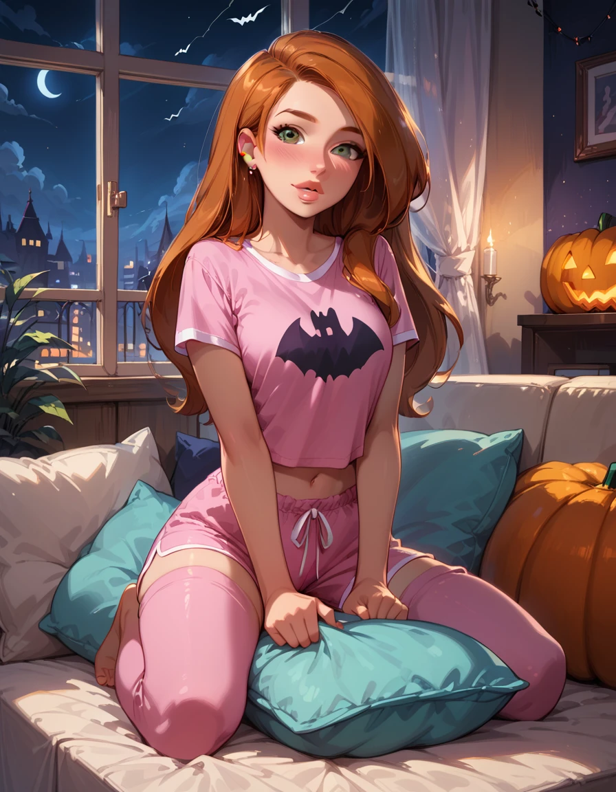 score_9,score_8_up,score_7_up, rating_safe, 1girl, solo, very sexy (kim possible:1.2), wearing cute pink pajamas, shorts, short sleeves, flirt, gaze, sexy look, cute smile, blush, head tilt, filled lips, thick lips, kneeling on the couch, in the living room, beautiful modern apartment, city living, (humping her pillow, crotch rub, arching her back:1.3), (Halloween theme:1.3), night, dark, (full body in view:1.2), dimly lit, expressiveh d4rk01l, perfect hands, perfect proportions.