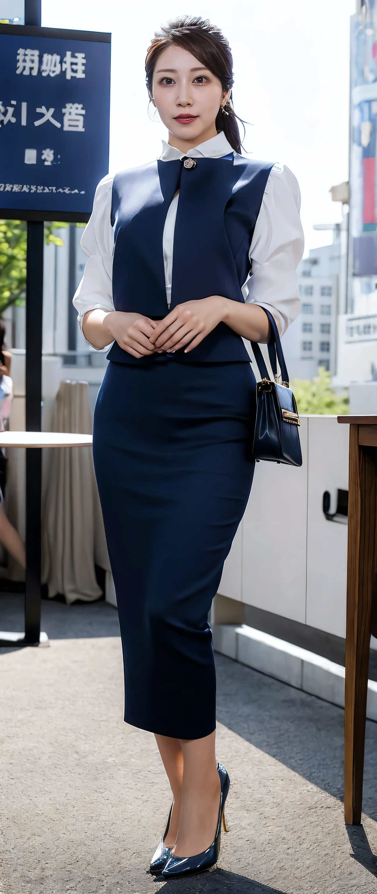 Please redeem、masterpiece、Ultra-high resolution、(Realistic:1.4)、Downtown Tokyo、woman、ライオンから逃げるwoman、(((spinning)))、Navy、beautiful woman、business suit、Pencil Skirt、Handbags、High heels