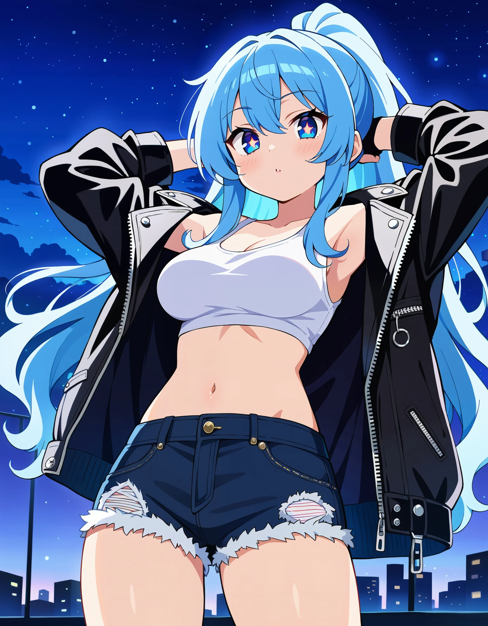 night sky, 1woman, blue hair, long hair, wavy hair, sidelocks, ponytail, blue eyes, medium breasts, white crop top, leather jacket, fingerless gloves, black nails, black legwear, converse, piercing, short shorts, arms behind head, (cowboy shot), woman, source_anime, masterpiece, best quality, ultra detailed eyes, high-detailed, BREAK,