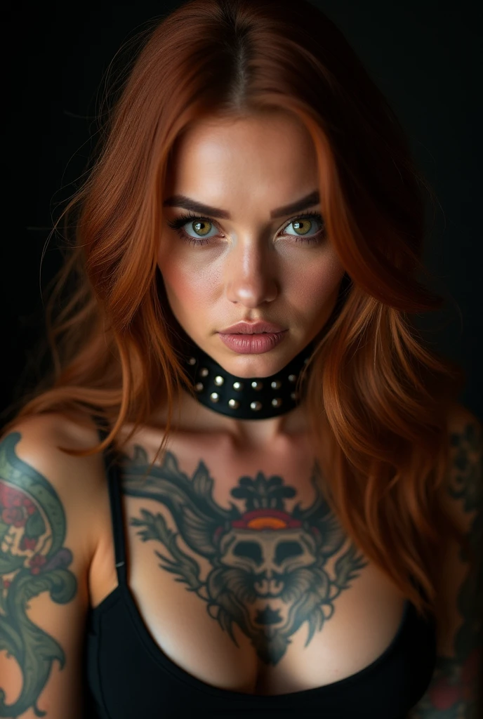 (punk-goth-glam:1.4), (american:1.3), (redhead), beautiful woman, striking blue eyes, striking a glamorous pose, silver jewelry, bondage chains nails spikes, shiny latex, stocking, large chocker, (((tattoos))), professional photography, faded colors, highly detailed skin, skin imperfections, film grain, fujifilm polaroid kodak, soft natural lighting, 