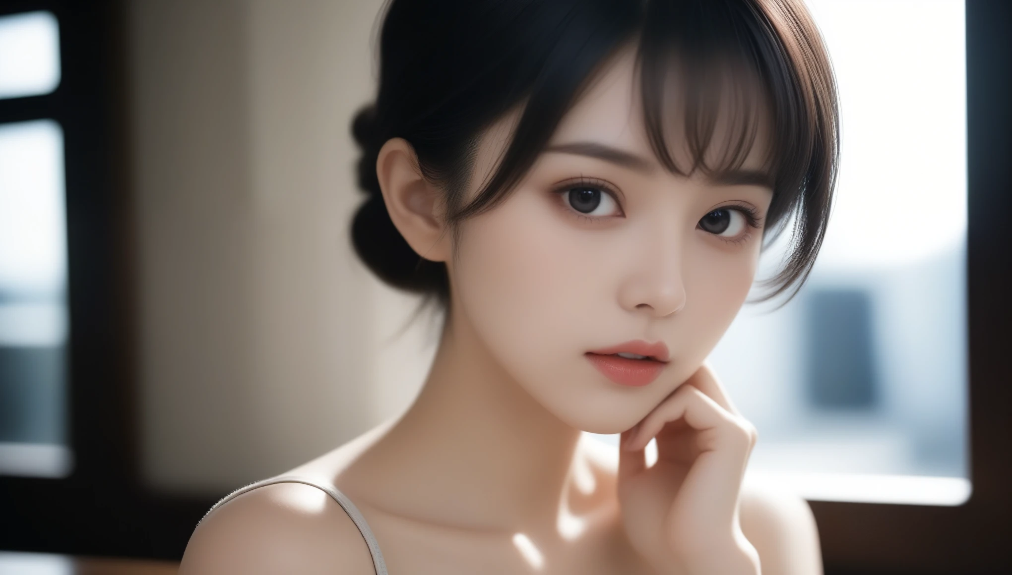 One Girl，(1人のとてもcute女の子:1.3)，masterpiece，Highest quality，High resolution，From below，Low - Angle，Photorealistic，RAW Photos，Ray Tracing，beautiful girl，(8-year-old:1.3)，cute，Big eyes，(detailed pupils:1.2)，(Face turned to the side:1.3)，Cute nose，Beautiful nose，Upturned nose，Fuller lips，Short black hair，ponytail，short hair，Detailed eyelashes，Thin eyebrows，Very fine grain definition，(profile:1.3)，(Face close-up，Face Focus:1.0)，Small breasts，Short neck，Off the shoulder，People emerge，Dark Background，forest，Portrait，Look to the side，Upper Body，Cinema Lighting，High resolution，Very detailed