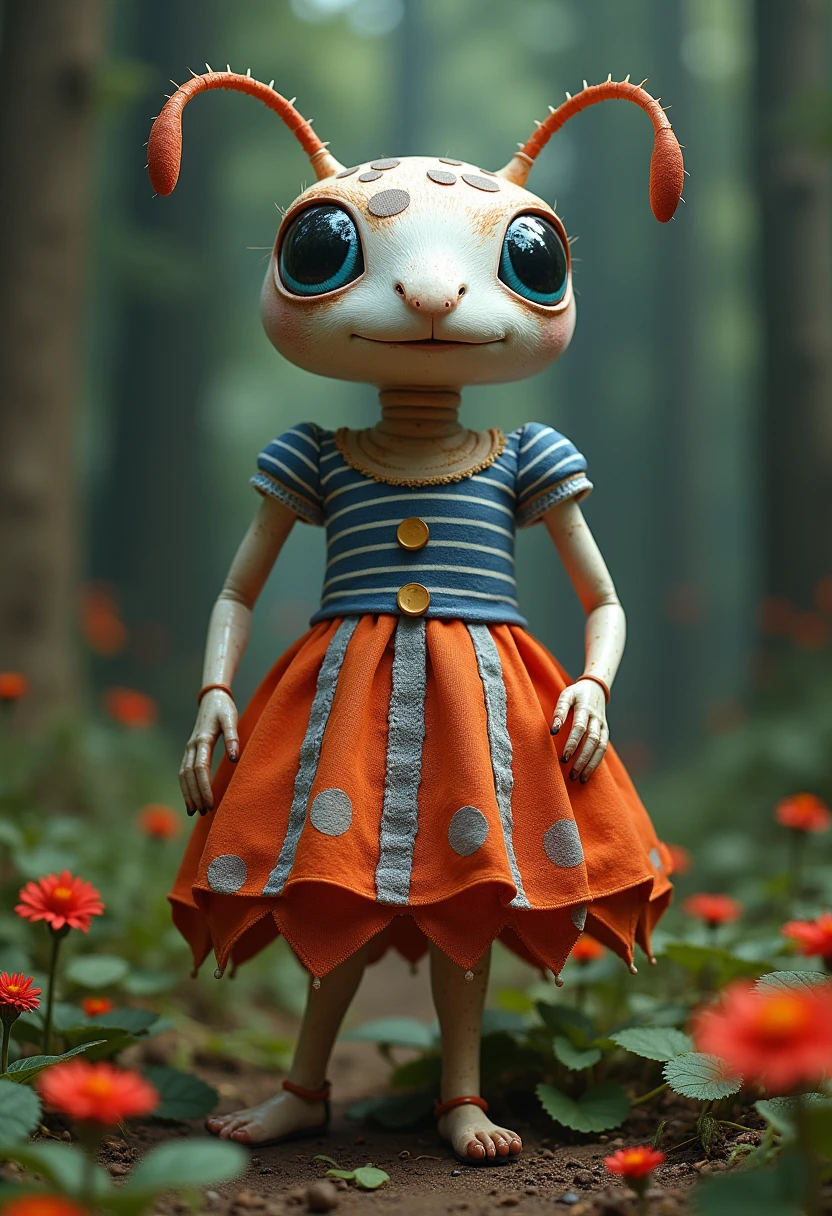 A white ant with its artificial dress , There are exquisite spots and stripe patterns on top, standing in the forest with flowers, leaves, and natural elements, which help create a dreamy effect. The blue and orange color,Fusion of earthy tones and deep red The combination of texture and pattern creates a multidimensional appearance Dynamic posture,Take inspiration from surrealism and modern graphic design.