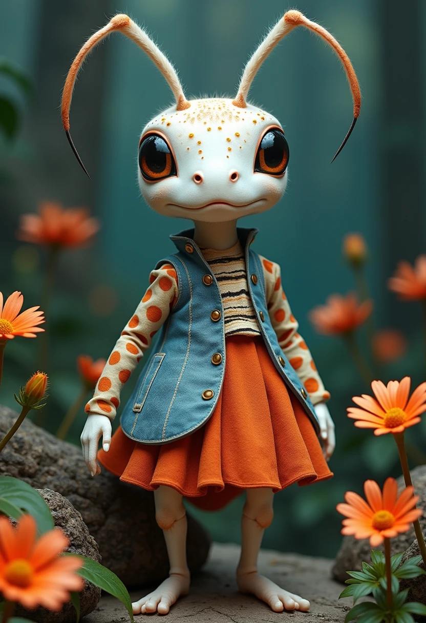 A white ant with its artificial dress , There are exquisite spots and stripe patterns on top, standing in the forest with flowers, leaves, and natural elements, which help create a dreamy effect. The blue and orange color,Fusion of earthy tones and deep red The combination of texture and pattern creates a multidimensional appearance Dynamic posture,Take inspiration from surrealism and modern graphic design.