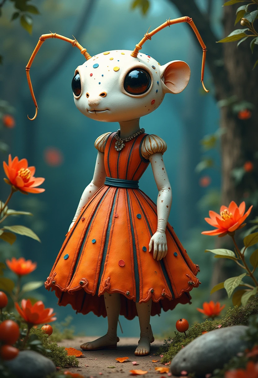 A white ant with its artificial dress , There are exquisite spots and stripe patterns on top, standing in the forest with flowers, leaves, and natural elements, which help create a dreamy effect. The blue and orange color,Fusion of earthy tones and deep red The combination of texture and pattern creates a multidimensional appearance Dynamic posture,Take inspiration from surrealism and modern graphic design.