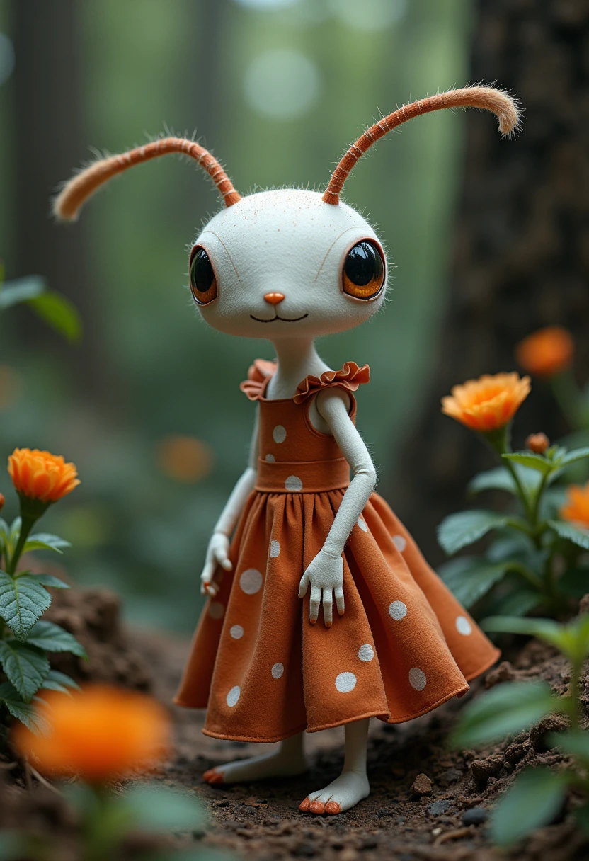 A white ant with its artificial dress , There are exquisite spots and stripe patterns on top, standing in the forest with flowers, leaves, and natural elements, which help create a dreamy effect. The blue and orange color,Fusion of earthy tones and deep red The combination of texture and pattern creates a multidimensional appearance Dynamic posture,