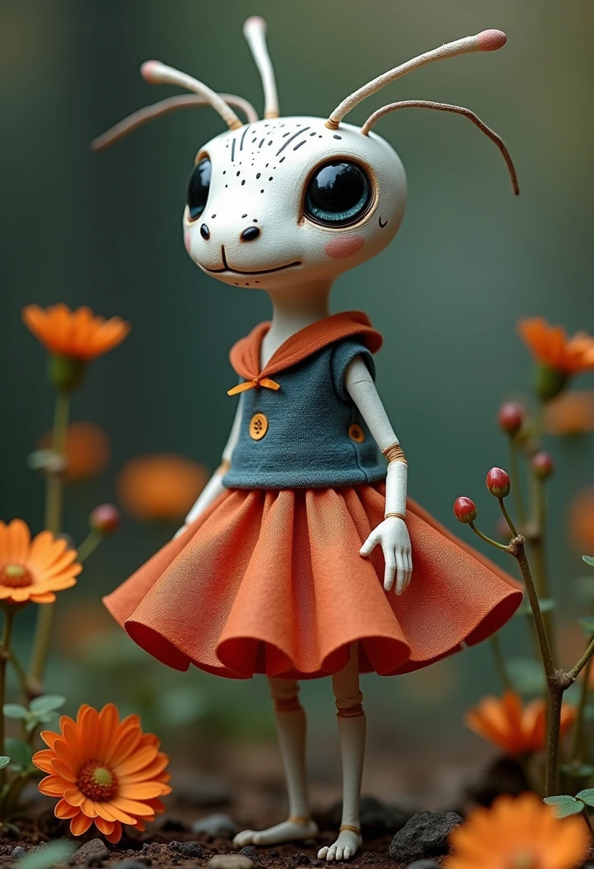 A white ant with its artificial dress , There are exquisite spots and stripe patterns on top, standing in the forest with flowers, leaves, and natural elements, which help create a dreamy effect. The blue and orange color,Fusion of earthy tones and deep red The combination of texture and pattern creates a multidimensional appearance Dynamic posture,