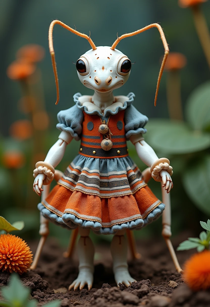 A white ant with its artificial dress , There are exquisite spots and stripe patterns on top, standing in the forest with flowers, leaves, and natural elements, which help create a dreamy effect. The blue and orange color,Fusion of earthy tones and deep red The combination of texture and pattern creates a multidimensional appearance Dynamic posture,