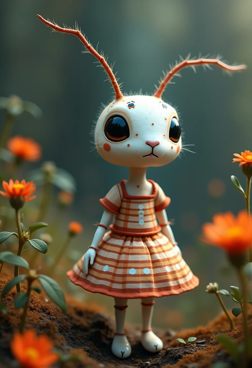 A white ant with its artificial dress , There are exquisite spots and stripe patterns on top, standing in the forest with flowers, leaves, and natural elements, which help create a dreamy effect. The blue and orange color,Blend earthy tones and deep reds. Dynamic posture,