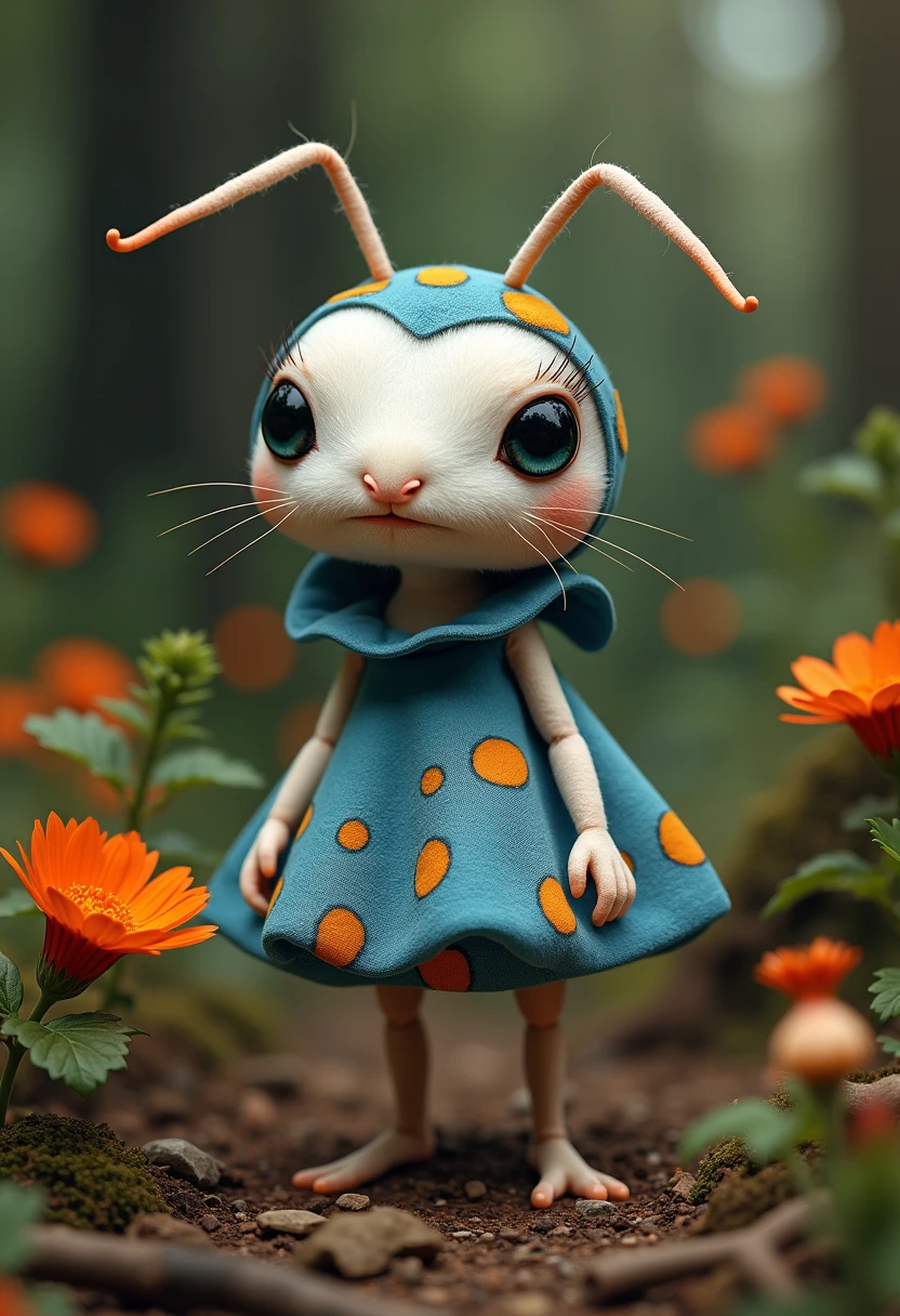 A white ant with its artificial dress , There are exquisite spots and stripe patterns on top, standing in the forest with flowers, leaves, and natural elements, which help create a dreamy effect. The blue and orange color,Blend earthy tones and deep reds. Dynamic posture,