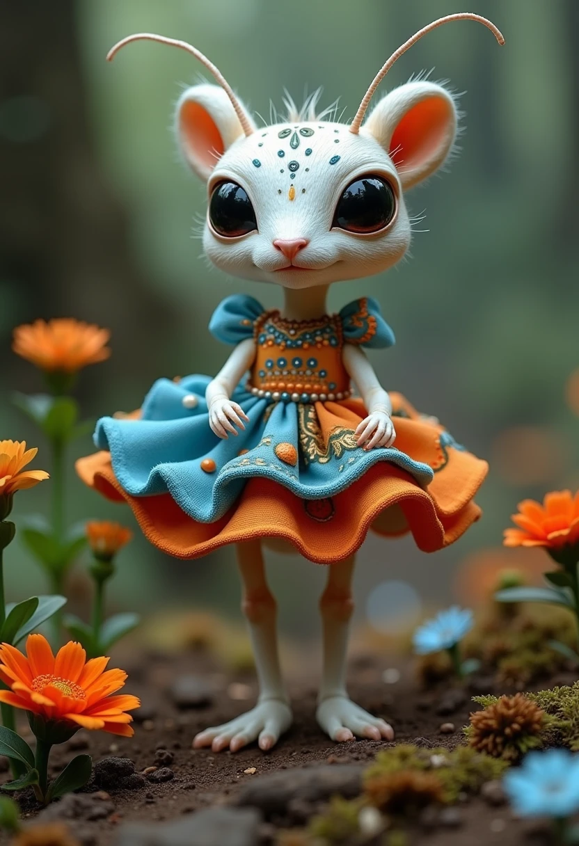 A white ant with its artificial dress , There are exquisite spots and stripe patterns on top, standing in the forest with flowers, leaves, and natural elements, which help create a dreamy effect. The blue and orange color,Blend earthy tones and deep reds. Dynamic posture,