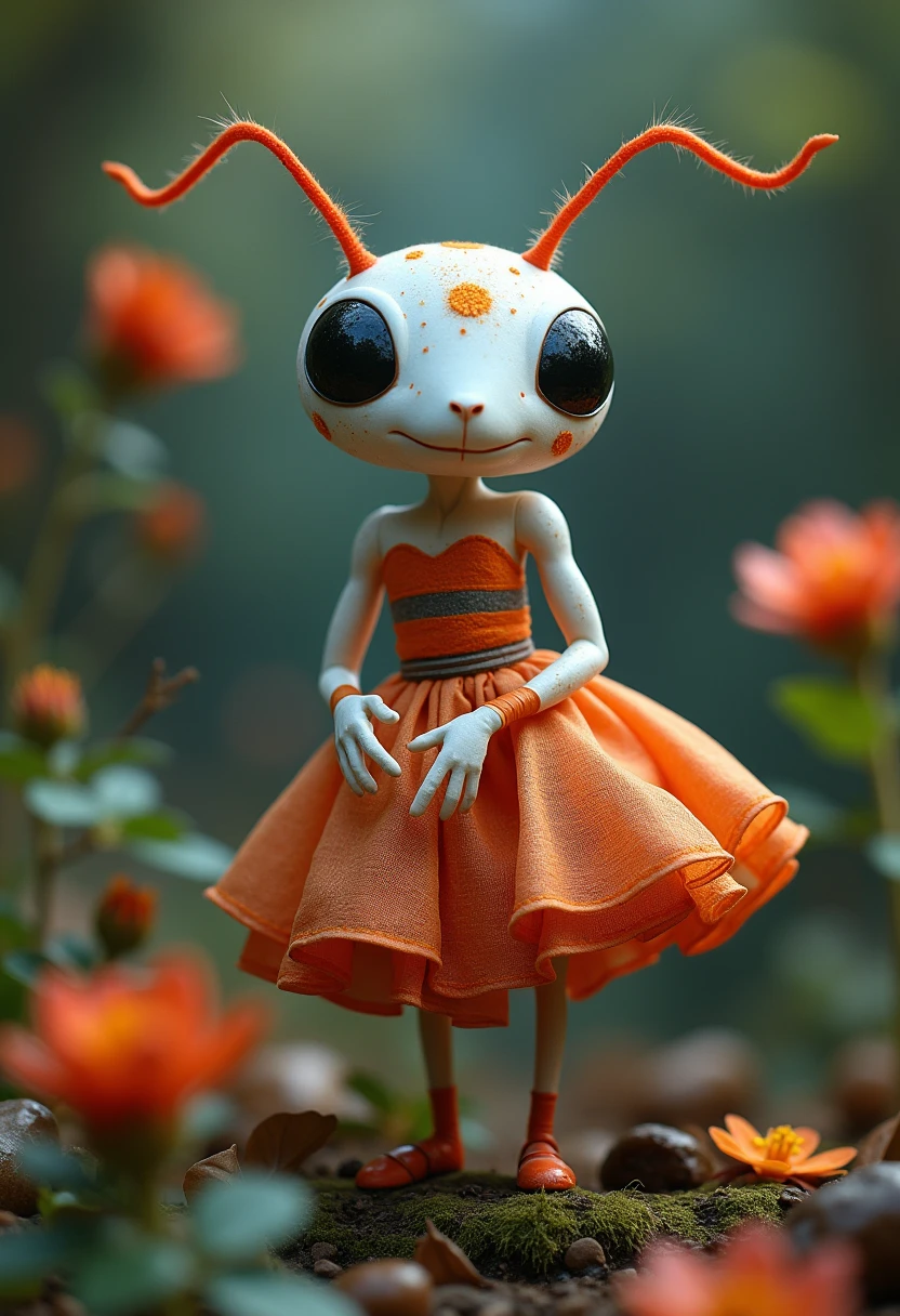 A white ant with its artificial dress , There are exquisite spots and stripe patterns on top, standing in the forest with flowers, leaves, and natural elements, which help create a dreamy effect. The blue and orange color,Blend earthy tones and deep reds. Dynamic posture,