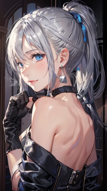 Angel Coff,blue eyes,short hair,Gray Hair,Hair in one eye, belly button, cowboy boots, Clevis, One girl, jacket, cropped jacket, leather, Fingerless Gloves, underwear, panties, Chaps, gloves, boots, Strapless, smile, leather jacket, Alone, Strapless bra, Toned Up,Big Breasts, Thick thighs 