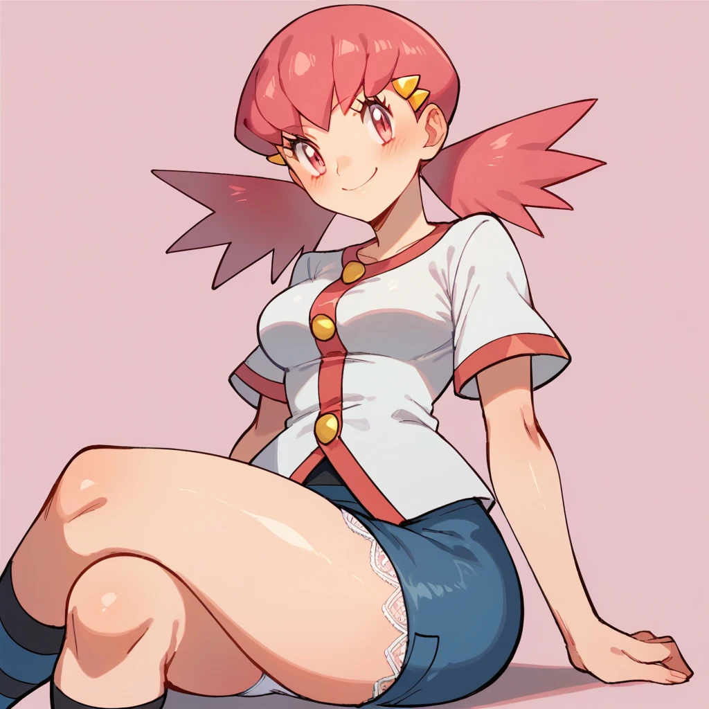 score_9, score_8_up, score_7_up, defwhitney, whitney \(pokemon\), 1girl, arm support, blush, smile, breasts, buttons, 3 bottons, crossed legs, eyelashes, hair ornament, hairclip, jacket, long hair, pink eyes, pink hair, short skirt, short sleeves, skirt, denim skirt, sitting, socks, solo, striped clothes, tight skirt, striped socks, twintails, white jacket, tick thighs, shiny skin, pink background, underwear, white underwear, lace underwear, panties, lace panties, perfect crossed legs, perfect legs, perfect thighs, perfect stripes, sexy crossed legs, big thighs,