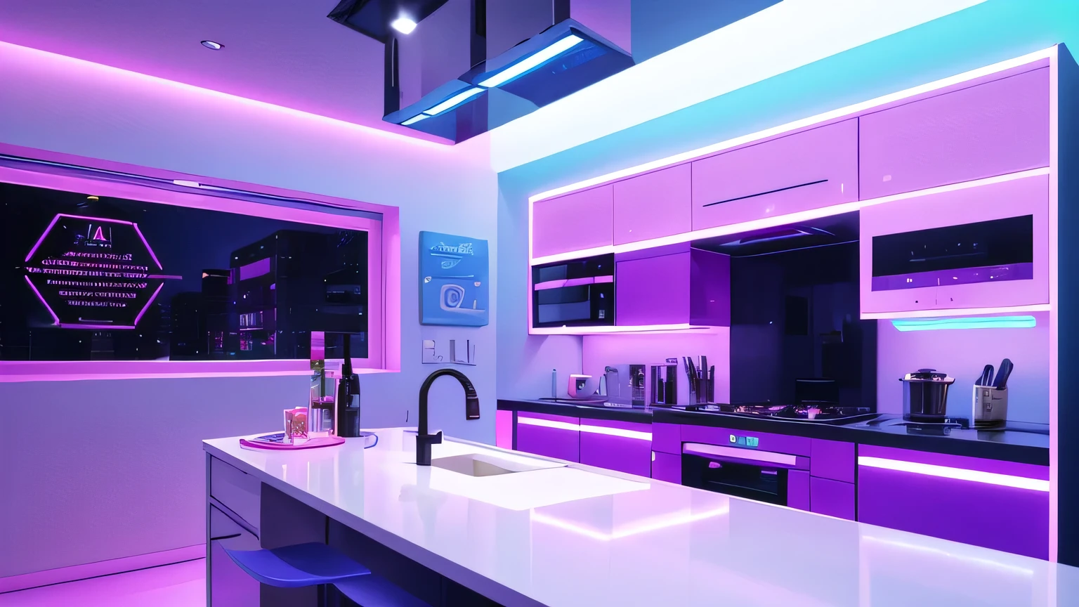 Create a vibrant thumbnail for a YouTube video titled "AI: The Future of Smart Kitchen." The design should feature a modern kitchen setting with futuristic appliances like a smart oven and refrigerator, alongside an AI cooking assistant displaying recipes on a screen. One side should show an automated meal preparation process, while the other side highlights a user interacting with voice commands. Neon light effects in sky blue and purple pink should emphasize the AI elements. The text "AI in Smart Kitchen" should be bold and futuristic, with "The Future of Cooking" in an engaging, fun font.