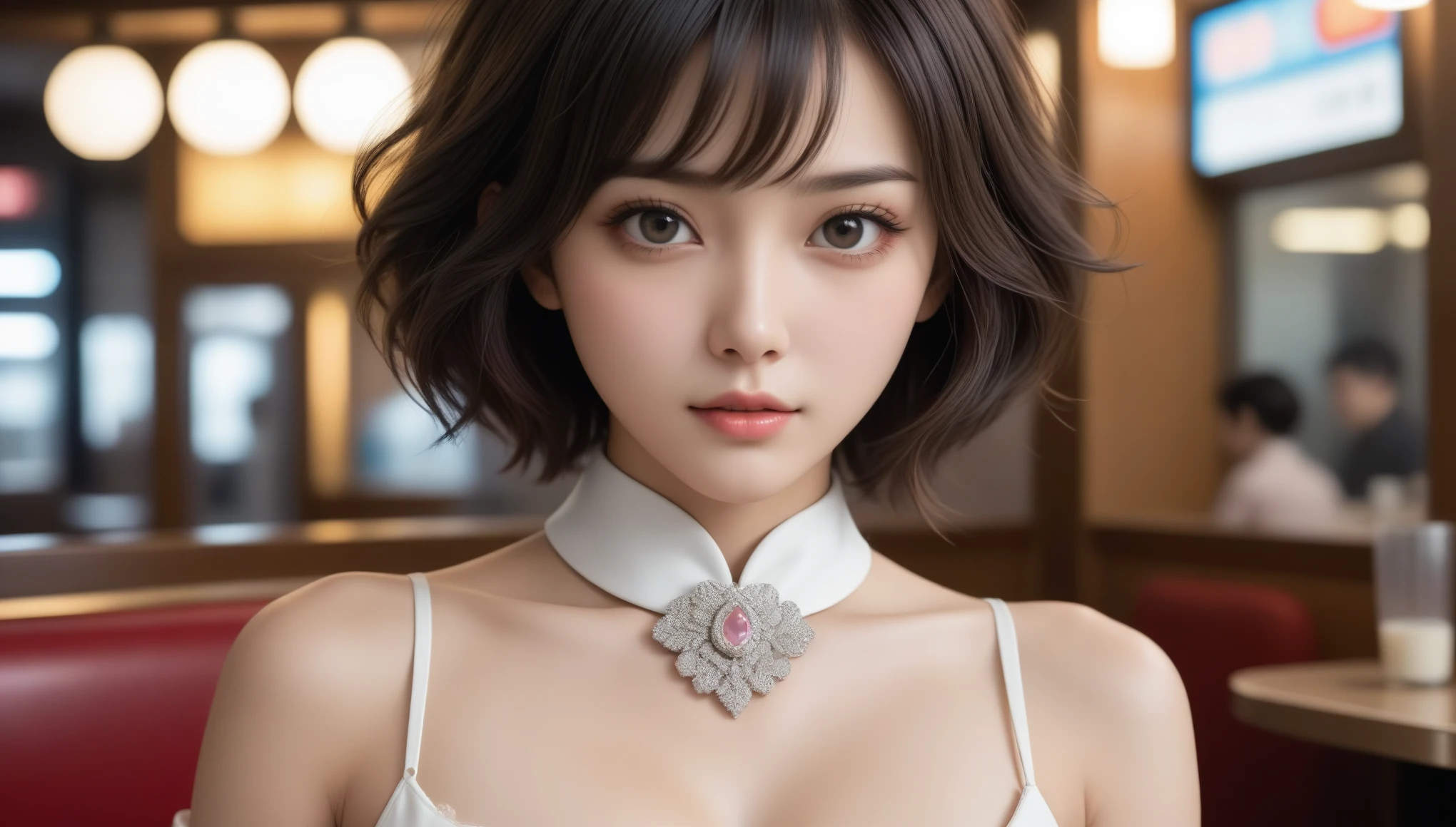 Fashion trendy beautiful and charming woman, gentle and charming Chinese beautiful woman, Korean(kpop-idol), delicate and sexy collarbone, charming oval face, double eyelids, smart [peach]blossom eyes, pink lips, small nose, bare shoulders, focus on the face, close-up of the face, Ultra-high-definition, super-detailed, the ((loose)), white off-the-shoulder shirt perfectly echoes the light blue high slit miniskirt, (chest cutout). ((black)lace panties), fresh and impressive, Natural(medium breasts:1.25), (nsfw:1.2)