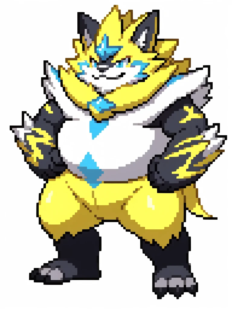 Standing pose,solo，male people，chubbiness，small fat，Bare-chested， solo， Detailed pubic hair， A high resolution，， tmasterpiece，Excessive obesity，Obesity in the extremities，foot in the air，Correct body proportions，overweight，roadhog，proportions，overweight,black nose,zeraora,yellow zeraora,pixel sprite