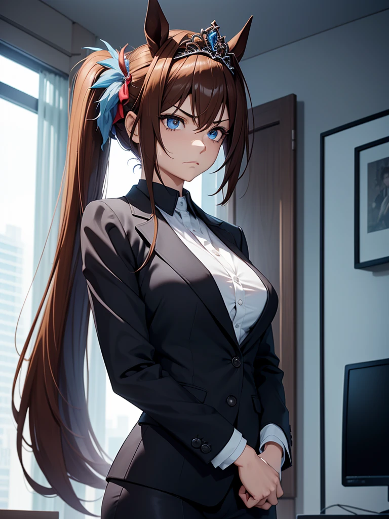 (​masterpiece、top-quality、hight resolution、Unity 8k、extremely details CG:1,Best Picture), ((Black suit and shirt, from below)), Enhanced cleavage, Daiwa Scarlet (Uma Musume), ((((tiara)))), brown hair, hair intake, red eyes, long hair, twintails, (horse ears, horse girl), Illustrate the sex worker in a hotel room at night, now scolding the client for failing to follow her commands. Her eyes are piercing and filled with cold disdain as she glares down at them. Her mouth is set in a thin, hard line, and her tone is harsh and unforgiving. She leans slightly forward, her posture aggressive, as if challenging the client to even try to explain themselves. Her arms are crossed, and the entire atmosphere of the room shifts to one of intense judgment and frustration. Her expression leaves no doubt that she is deeply disappointed, and her authority is absolute. bed room