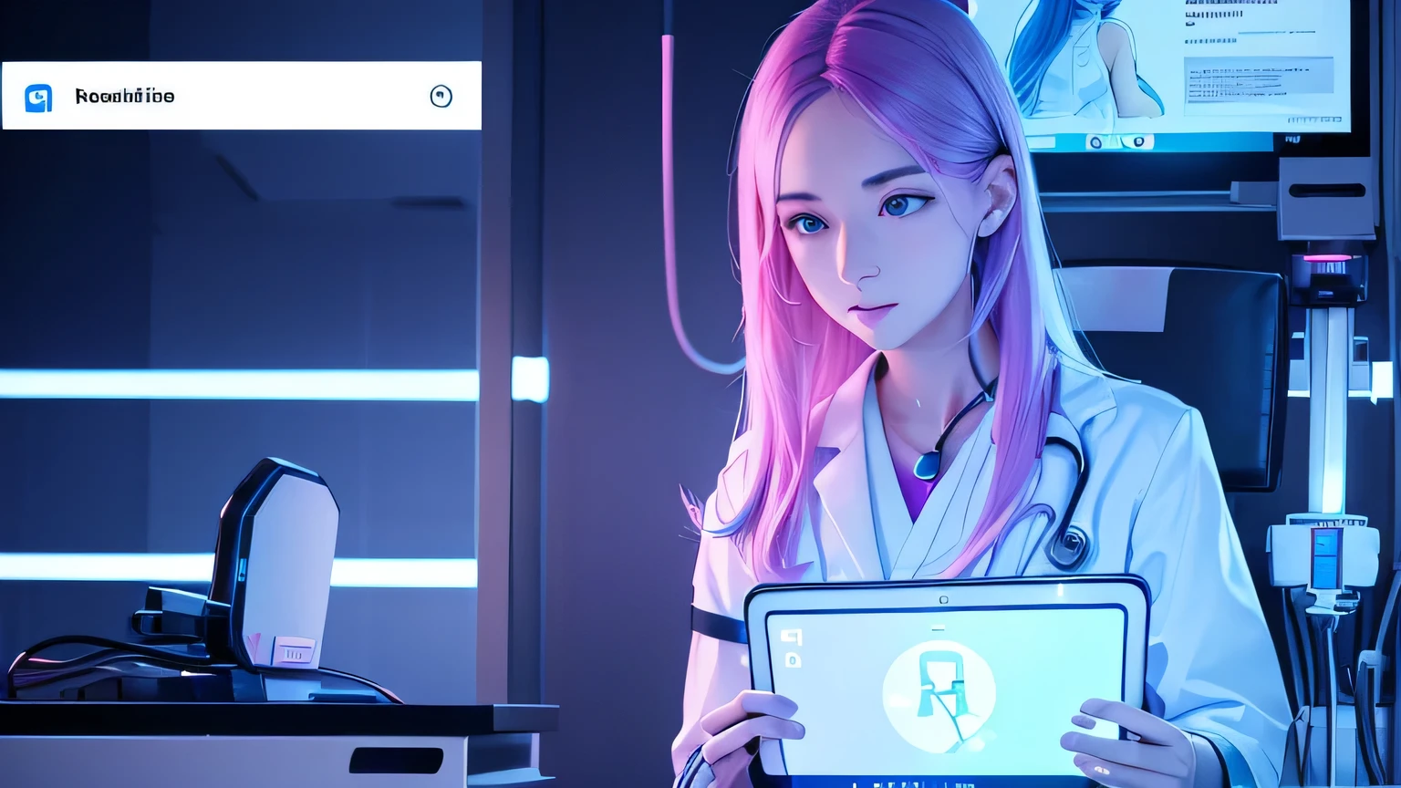 Create a professional thumbnail for a YouTube video titled "AI in Health Care: Revolutionizing Patient Care and Medical Practices." The design should feature a modern hospital setting with AI applications, such as a doctor using a tablet displaying patient data and predictive analytics. One side should show a robotic surgical system in action, while the other side highlights telemedicine services with a patient interacting with a healthcare provider via video call. Neon light effects in sky blue and purple pink should emphasize the AI elements. The text "AI in Health Care" should be bold and futuristic, with "Revolutionizing Patient Care" in an engaging, professional font.