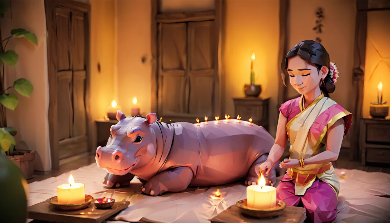 A baby hippo is being happily massaged with traditional Thai techniques in a dimly lit massage room. The room is illuminated by soft candlelight, with fragrant incense sticks burning. The masseuse is a beautiful and cute teenage Thai girl, wearing a simple, traditional Thai outfit, typical of villagers. The scene is created in a Pixar-style, with a high level of detail and vibrant colors, making the atmosphere warm and peaceful.การเรนเดอร์ 3 มิติ, พิกซาร์, 