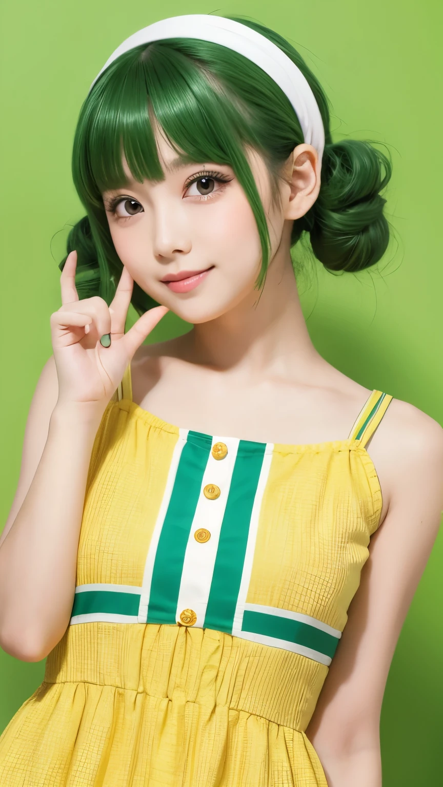 (8K、Raw photography、highest quality、masterpiece:1.2),(black haired、very short hair:1.7),show viewer,Looking at the front,(super sentai series、She is wearing a yellow and green PreCure costume..:1.6)、(Clothing that emphasizes the shape of your chest:1.2)、(big breasts :1.2)、slim body shape、ultra high resolution,beautiful,beautiful fece,(alone, alone、no background:1.9),whole bodyボディー,、(black eye、japanese woman: 1.3),(Photoreal:1.37)、photon mapping,reality、(Cute with a baby face: 1.1)、(cute smile: 1.7)、(With a round face: 1.8)、radio city、Physically based rendering、depth of field rally background、photograph, (I can see your knees,close up of thighs、blue skirt is too short、spread your legs、showing off white panties:1.2),whole body、super fine