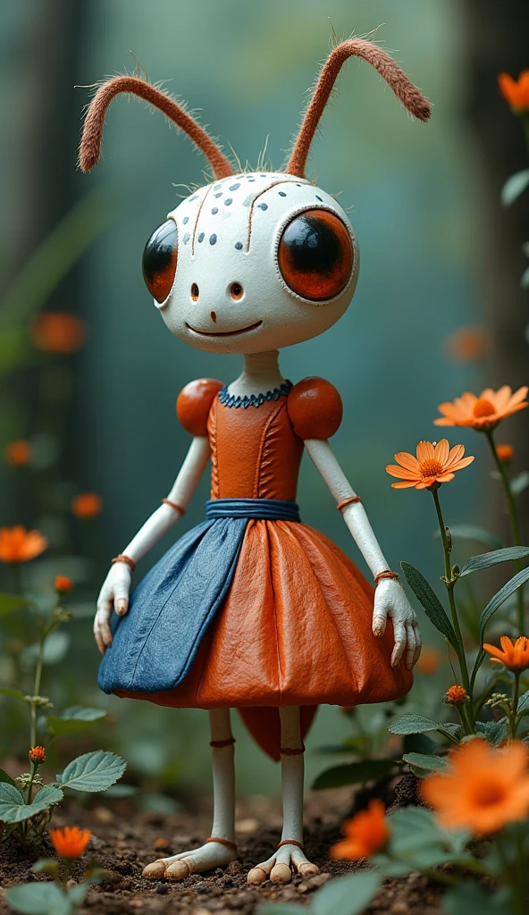 A white ant with its artificial dress , There are exquisite spots and stripe patterns on top, standing in the forest with flowers, leaves, and natural elements, which help create a dreamy effect. The blue and orange color,Fusion of earthy tones and deep red The combination of texture and pattern creates a multidimensional appearance Dynamic posture,Take inspiration from surrealism and modern graphic design.