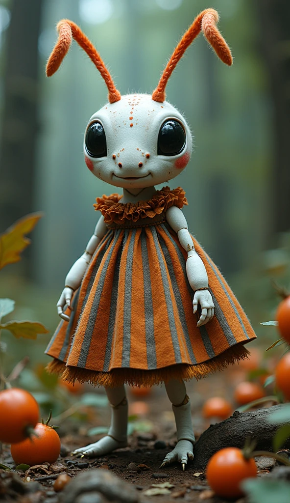 A white ant with its artificial dress , There are exquisite spots and stripe patterns on top, standing in the forest with flowers, leaves, and natural elements, which help create a dreamy effect. The blue and orange color,Fusion of earthy tones and deep red The combination of texture and pattern creates a multidimensional appearance Dynamic posture,Take inspiration from surrealism and modern graphic design.