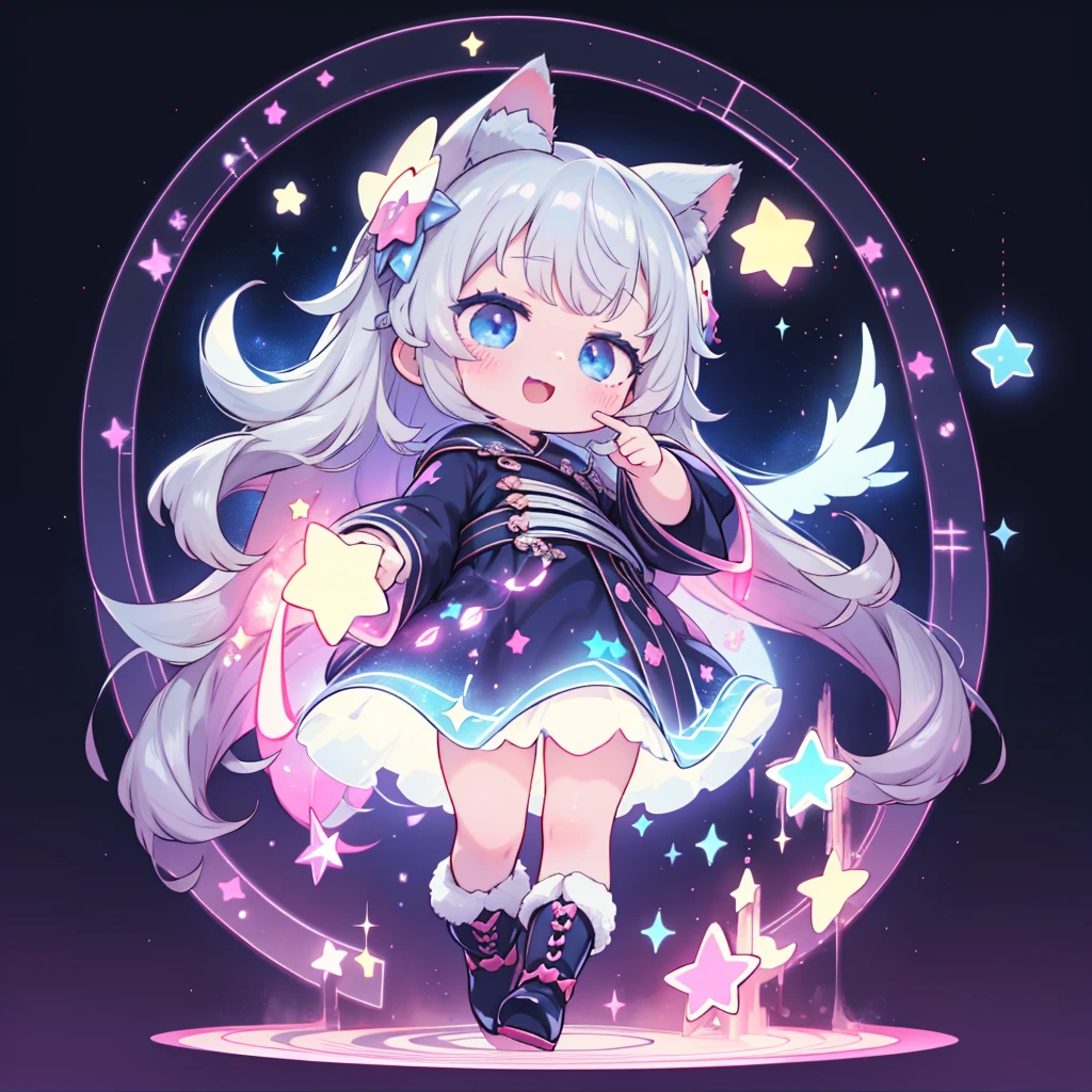 Chibi、かわいいstarの妖精、The best configuration、Perfect Anatomy、Full body front、Front、Facing forward towards the viewer、One Girl,Best Quality、masterpiece、official art、Super detailed、so beautiful、Cute starの妖精、Gray Hair、Straight Long Hair、milky way、Universe、star charm、star、baby face、Knee-high boots,Magic Circle、houndstooth、smile、Magenta Neon Light、Hope and expectation、