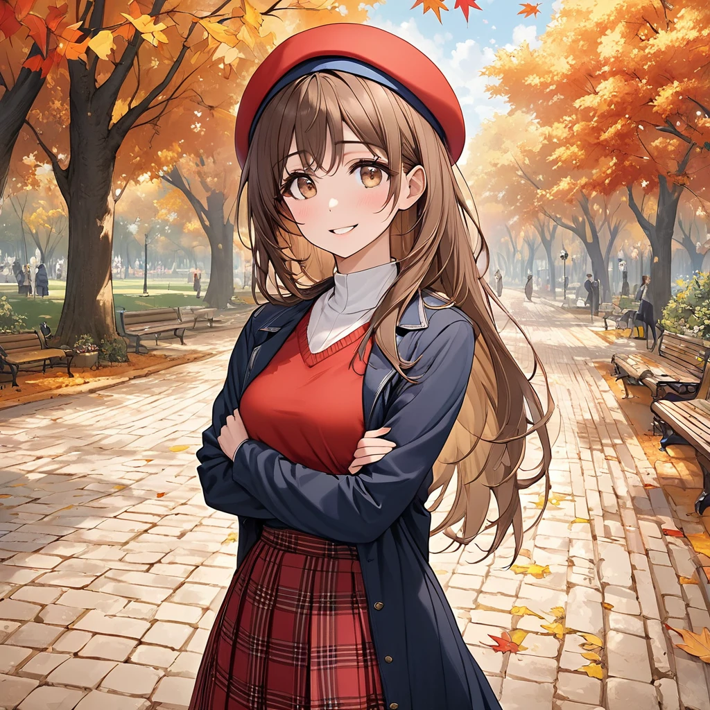 Shiny golden hair, Long Hair, (Beautiful brown eyes、Shining Eyes, fine grain)、smile、Very fine grain、Highly detailed face, Highly detailed eyes,Cowboy Shot、 A woman is standing, Mature Woman, /(Rib knit) /(Red checked skirt/) beret, /(Brown Hair/) bangs, 赤面した優しいsmile, (Masterpiece:1.2) Elegant illustration, Super detailed, Put your arms down and break them /(Outdoors in the park/) Brick Road, tree々Autumn leaves々, Detailed Background