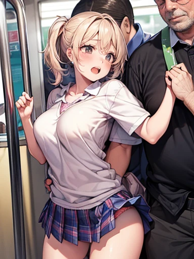 (SFW), ((photorealistic)), (masterpiece), (best quality:1.3), absurdness, [:intricate details1.3], SFW, realistic, masterpiece, (((VERY crowded subway train interior detailed scenario, VERY crowded subway train interior detailed background))), standing insanely hot (young 1) using sexy ((skirt)), ((behind skirt lifted)), ((3/4 white stockings)), ((big ass)), ((thick thighs)), ((fear/shocked expression)), (blushed face), (perfect body proportions)), old small man ass groping young small girlom behind, (((old small man pressing his chest on young woman 1 back))) and (((holding her waist behind her)))