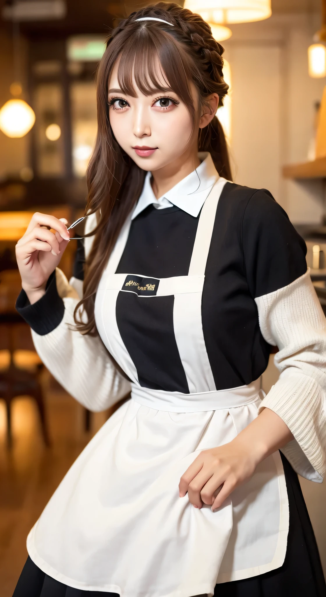 the girl is dressed in a maid costume, brown hair, maid headdress, ((maid uniform, waitress):1.2), long sleeves, realistic, long hair, big laugh, beautiful, model, best quality, masterpiece, cute, various posing, clear face, ultra high res, High detail RAW, Top quality, age 21, 35mm lens, f/1, seductive smile, maid, colorful, Coffee shop, 1 Men, 1 girl, more details