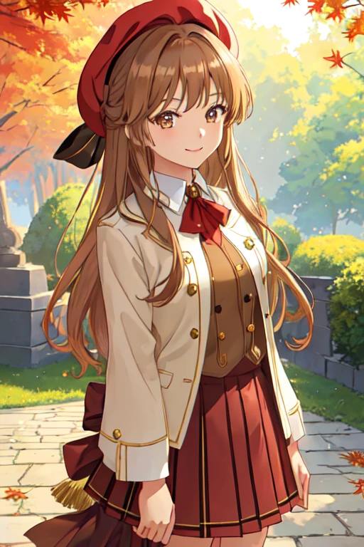 Shiny golden hair, Long Hair, (Beautiful brown eyes、Shining Eyes, fine grain)、smile、Very fine grain、Highly detailed face, Highly detailed eyes,Cowboy Shot、 A woman is standing, Mature Woman, /(Rib knit) /(Red checked skirt/) beret, /(Brown Hair/) bangs, 赤面した優しいsmile, (Masterpiece:1.2) Elegant illustration, Super detailed, Put your arms down and break them /(Outdoors in the park/) Brick Road, tree々Autumn leaves々, Detailed Background