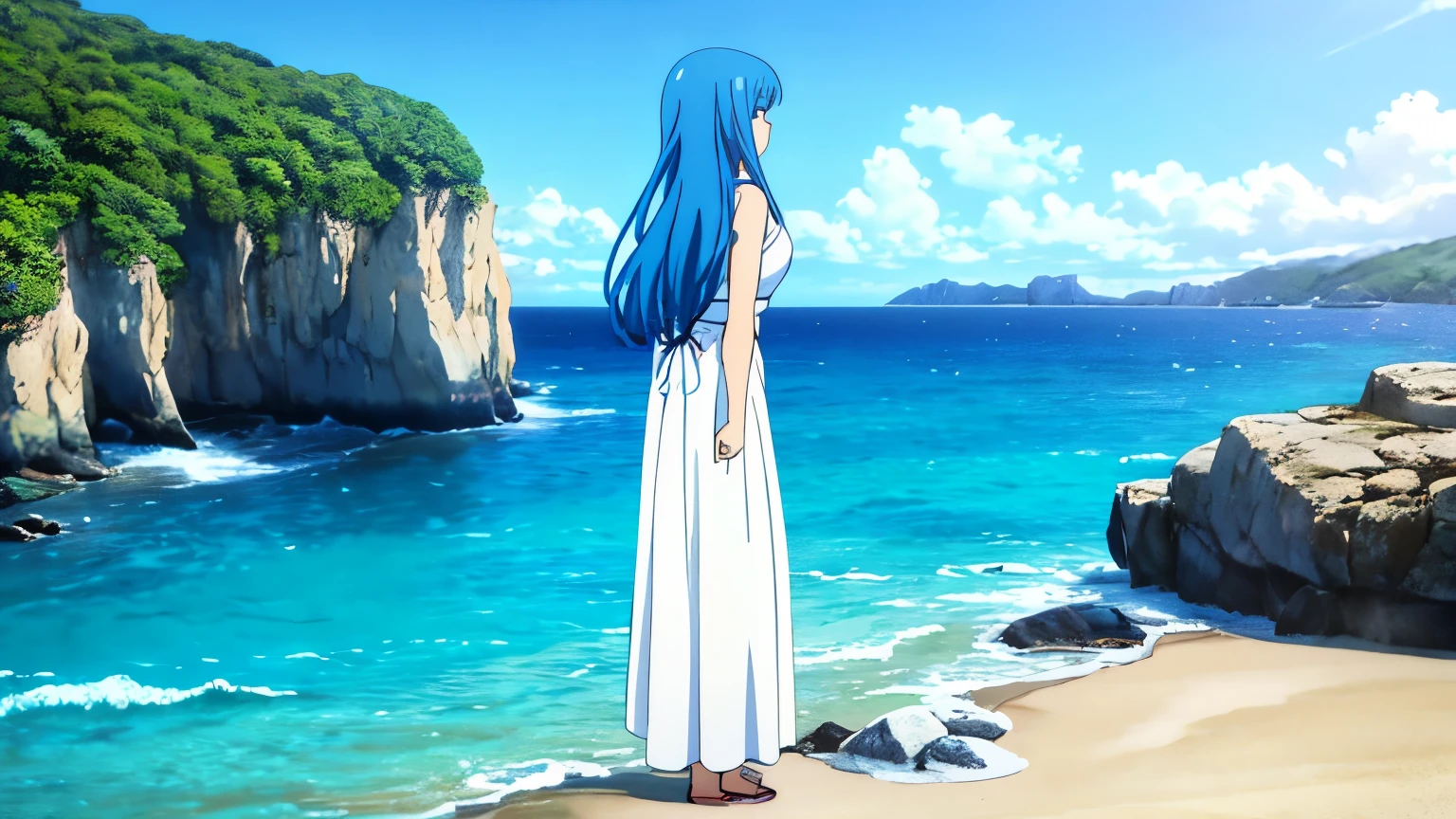 An anime-style girl standing on a beach surrounded by rocks, gazing out at the sea. She has long flowing hair and is wearing a light summer dress, with waves gently washing over the shore. The sky is painted in blue colors, The rocks are scattered around the beach, and the ocean stretches out into the distance