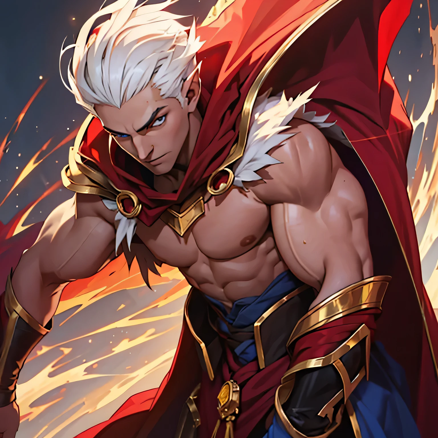 splas art of a twenty-five year old man, thin face, light skin, white hair with red highlights at the back, blue eyes, big ears with hair, red high collar cape with gold detailing and giant feathered cape without shirt