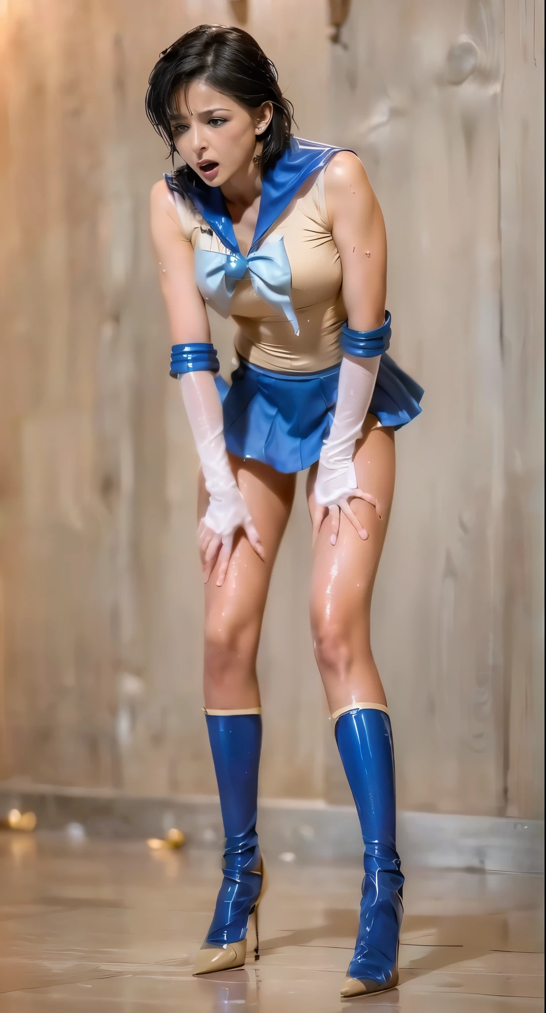 1 20 year old girl, small breasts, gloves, lips, solo, sailor mercury, blue eyes, uniform, sailor senshi uniform, (RAW photo, best quality), masterpiece, absurdities, sexy, short floating blue hair, blue sailor collar, bow, (knee-high boots: 1.1), choker, white gloves, blue choker, elbow-length gloves, jewelry, earrings, blue skirt, sole, full body, symmetrical body, blue hair, (perfect hands ), octane depiction, water divinity, finely detailed beautiful eyes, looking at viewer, contrast style, in a dark room, octane line art