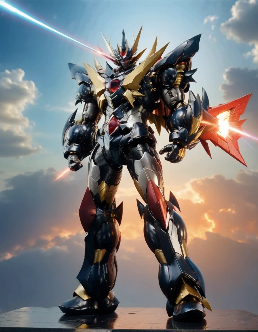 Humanoid Mecha, Fully enclosed shoulder guards, Matching arm and leg guards, whole body, Full Armor, Super Robot, Robust and agile design, (The main colour is white.、Red and blue accents。, The concept was inspired by super robots,Mazinger Z Chest Armor, Temporarily stop, Standing, Floating above a futuristic sci-fi city), A sophisticated and mature art style, (Aura Effect, Energy, glowing eyes, Armor Shines), ((ＳＲＳ)), metallic, , Anatomically correct, Symmetrical face, Very detailedな目と顔, High quality eyes, creativity, RAW Photos, 超High resolution, 32K, Natural Light, Cinema Lighting, masterpiece-anatomy-perfect, masterpiece:1.5　dramatic, High resolution, Please redeem, High resolution, Very detailed, Fine detail, Very delicate, professional, Perfect Body professional Potion, Anatomically correct, Symmetrical face, Very detailed目と顔, High quality eyes, creativity, RAW Photos, 超High resolution, 32K, Natural Light, Cinema Lighting, masterpiece-anatomy-perfect, masterpiece:1.5