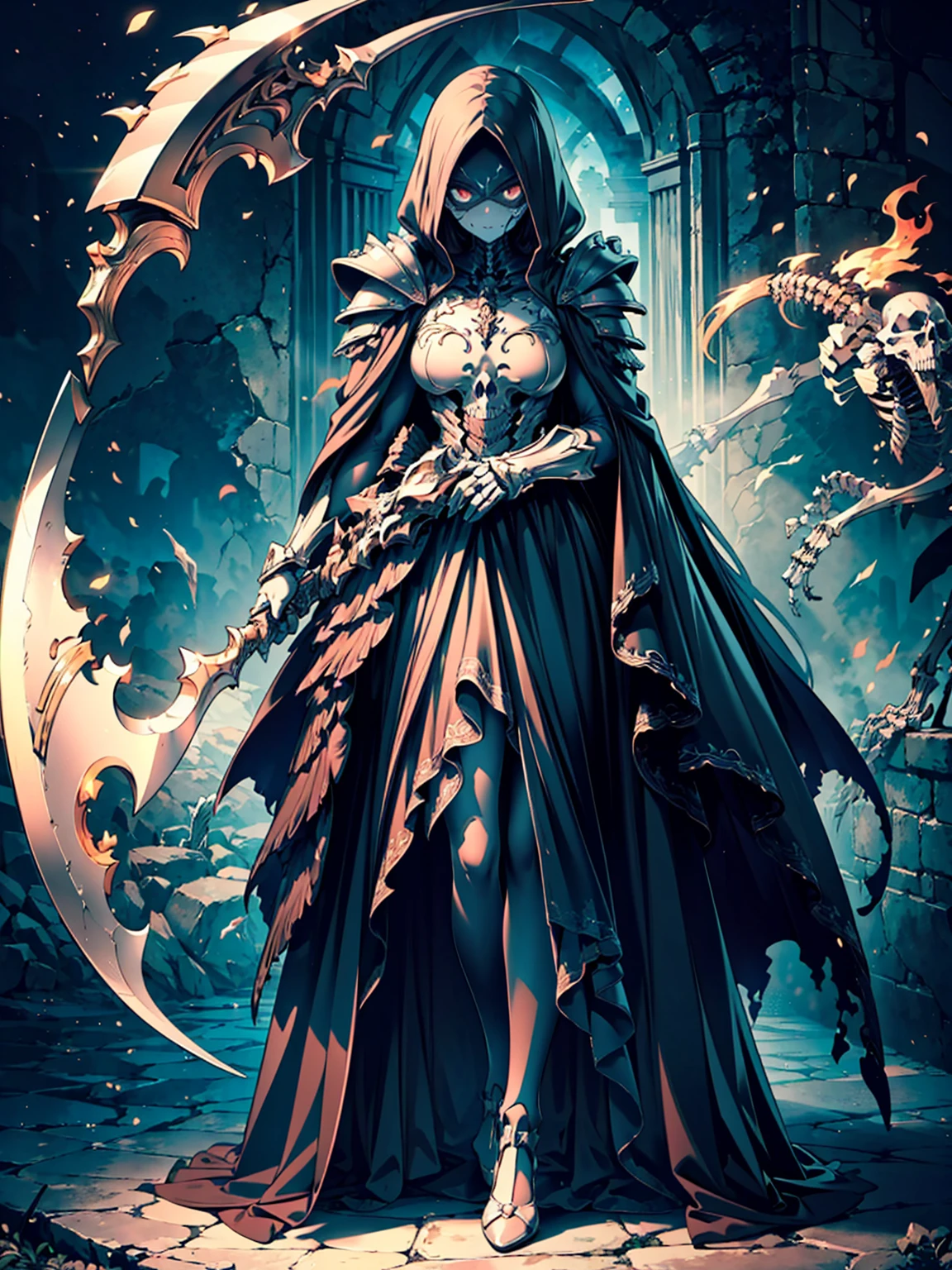 There is a Grim Reaper standing in front of the wall, the Grim Reaper skeleton has a creepy expression on his face, birds are flying around, the wall is covered with hanged skeletons, covered with blood, Penny Wise, Penny Wise, dark but detailed digital art, detailed 4K horror artwork, Stephen King as Penny Wise, Penny Wise theme, Grim Reaper, Horror!! Highly detailed, twisted, skeleton, epic illustration, darek zabroki, fantasy art Behance, death art, dark style, gothic style, epic fantasy digital art style, epic fantasy science fiction illustration, movie fantasy painting, 8K highly detailed digital art, Guillem H. Pongiluppi, high quality digital concept art by Bayard Wu, concept art wallpaper 8K, 8K HD wallpaper digital art, Obra-prima, Best Quality, (Dynamic Angle: 1.4), Fear Depth of Field exotic_Dance, PerfectNwsjMajic, (Obra-prima, Top Quality, Best Quality, Official Art, Beauty and Aesthetics: 1.2), Extreme Detail, Colorful, Highest Detail, Obra-prima, Best Quality t, Reality,
