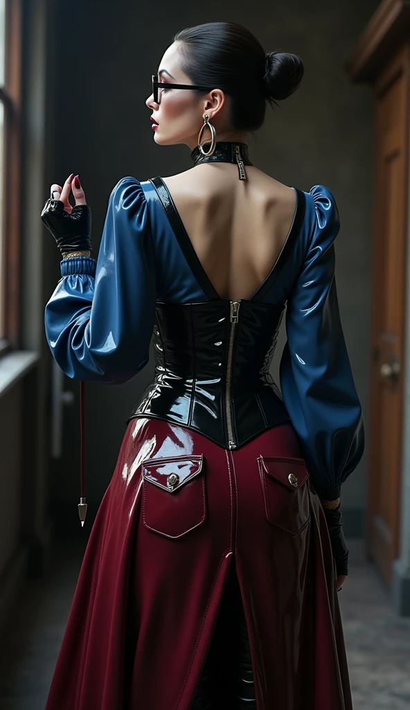 there is a woman in a corset posing for a picture, very tight corset, wearing corset, in a leather corset, blue corset, corset, elegant corset, Mid-shot from the waist up, view From the back, Close-up shot from behind, From the back, West Shot, Rear view, Photo from behind, seen From the back, vests and corsets