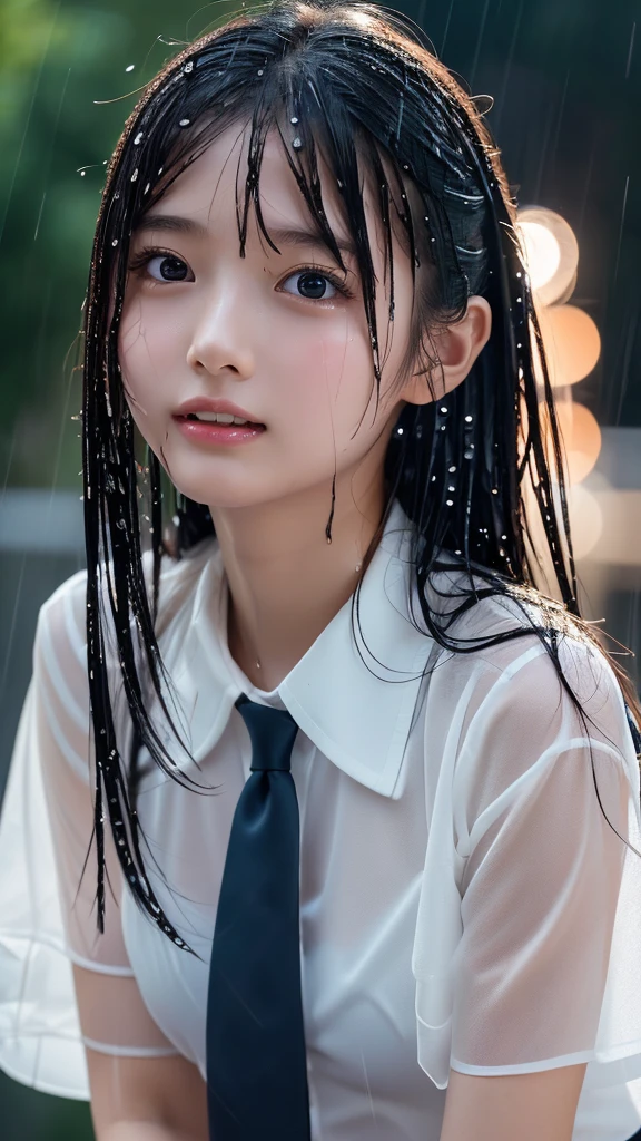 ((masterpiece, Best Quality, High resolution)), Cute Japanese high school girl、(Realistic: 1.4), excited、Great face,Shut your mouth.、Glossy wet lips、Age 15, ponytail、(Beautiful Hair:1.5), Apartment stairs、Open uniform、(Short sleeve white blouse、tie、Very short black mini skirt)、Beautiful thighs、Beautiful legs、Get soaked in the rain、(Get wet in the rain:1.2)、Smooth, Highly detailed CG composite 8K wallpaper, High resolutionのRAWカラー写真, Professional photography, Light, BackLight, Impressive, Written boundary depth, (Face close-up:1.5)