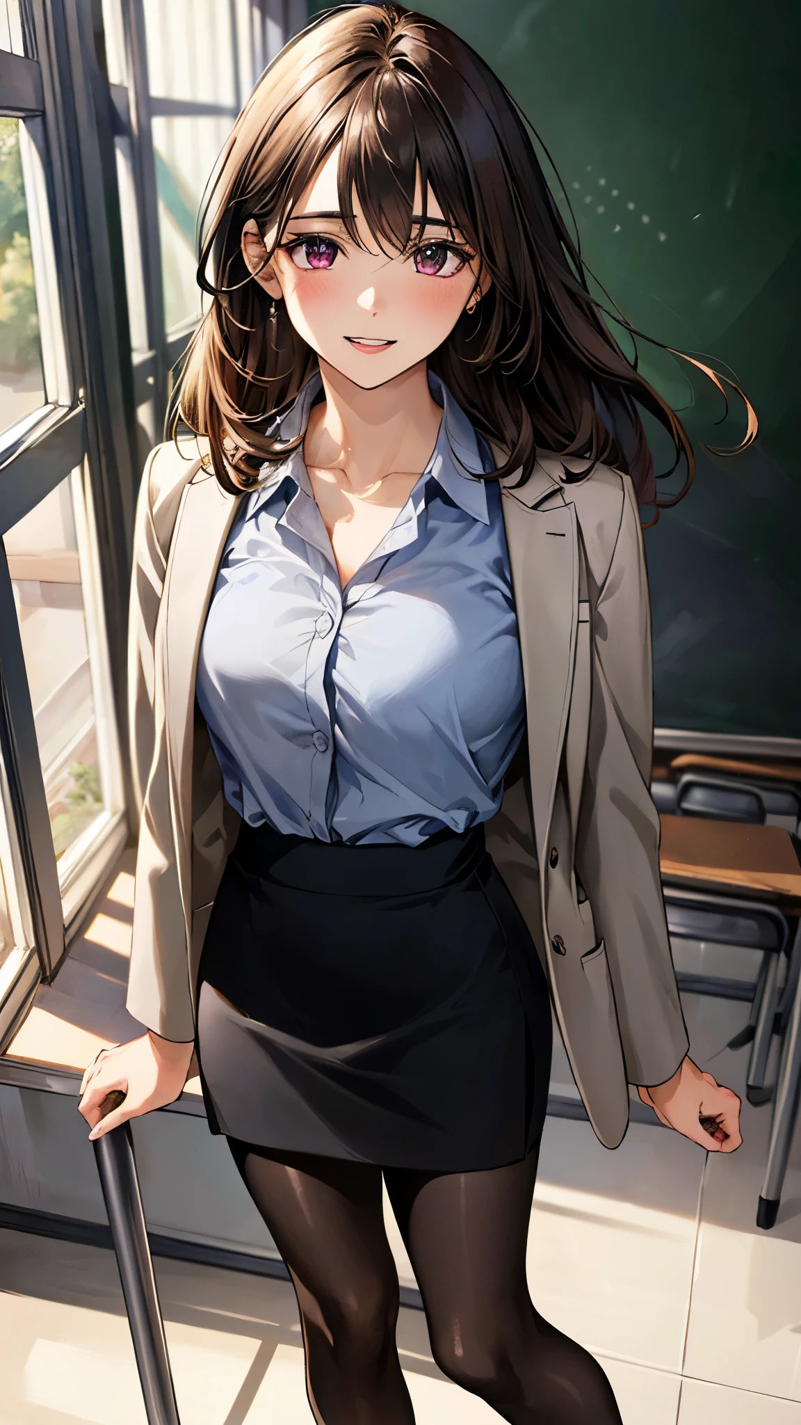 ((Tabletop, highest quality, High resolution, , Pixel Perfect, 4K,))), 1 female teacher, single, alone, beauty、The whole body is visible、 ((Mid-wave hair, bangs, Brown Hair)), ((Brown eyes, Beautiful eyelashes, Realistic eyes)), ((Detailed face, Blushing:1.2)), ((Smooth texture:0.75, Realistic texture:0.65, Realistic:1.1, Anime CG Style)), Center of chest, Dynamic Angle, Perfect body, (( , , Wearing a white coat、Female doctor、、, 、))、、Very embarrassing panic smile, 、black flared skirt、classroom、Sit on a chair、Lifting her skirt to show her panties、、(Showing off her white and pink floral lace panties、)、Angle from below)、