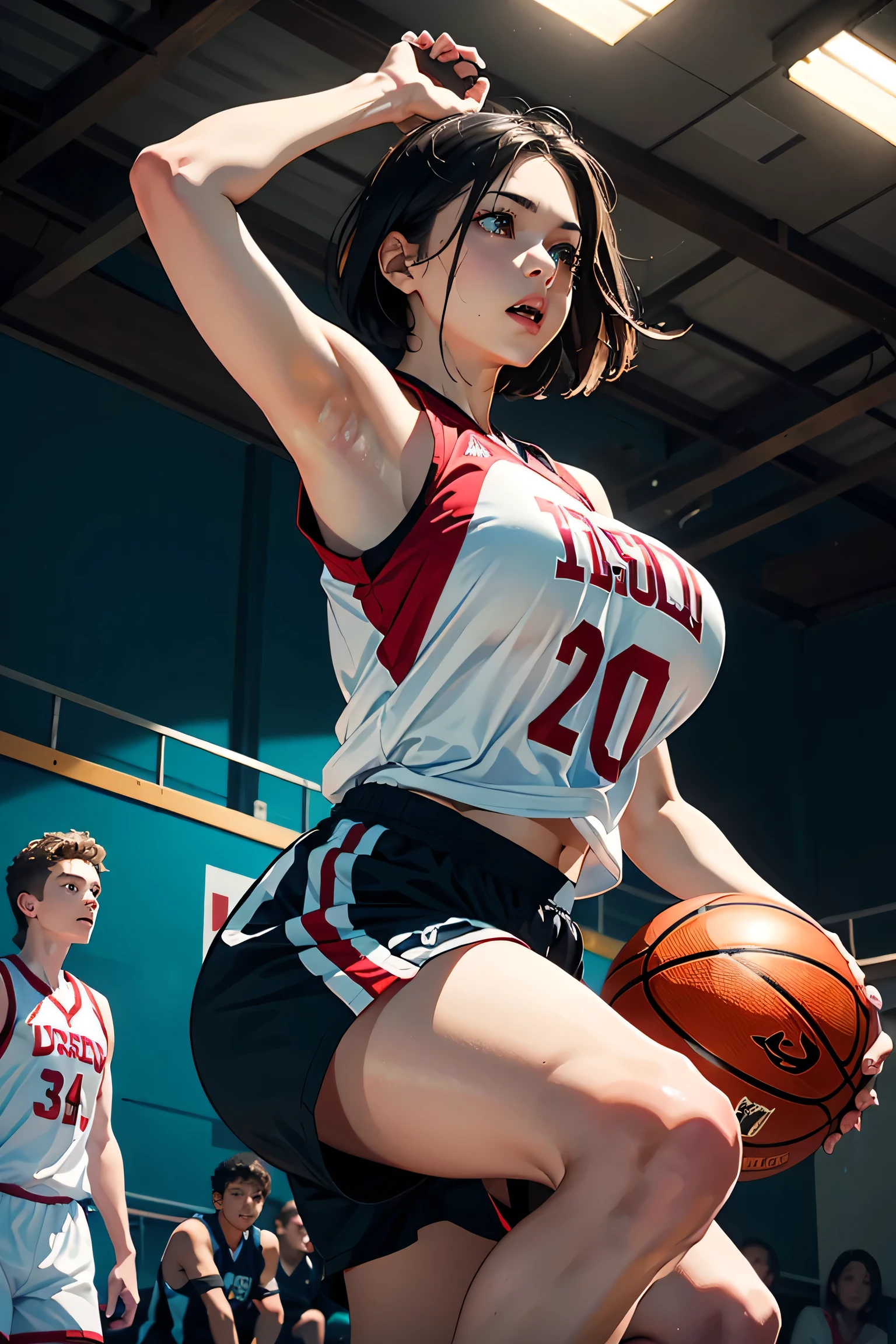 onoff,side-by-side photo,split screen,Woman playing basketball (wearing basket_uniform: 1.3), red and white uniform,
Good hands, 4K, high resolution, masterpiece, top quality, head: 1.3, (((Hasselblad photo)), fine skin, sharp focus, (cinematic lighting), night, soft lighting, dynamic angle, [:( detail face: 1.2):0.2],((((inside_basketball_field)))),nipples,pussy,smiling,(completely nude),