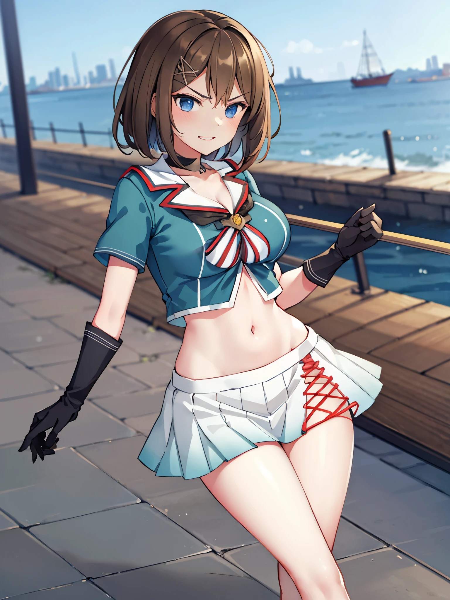 masterpiece, best quality, integrated scenery, integrated background, extremely delicate and beautiful, meticulous details, good composition, , cute face, perfect face, perfect hands, 1young_teen_ girl, , brown_hair, medium_bob_hair, blue_midriff_baring_sailor_uniform, mini_skirt, short_sleeve, thighs, gigantic_breasts, angry, smile,nihil,standing, harbor_background, slightly_spread_Legs, happiness, short_gloves,