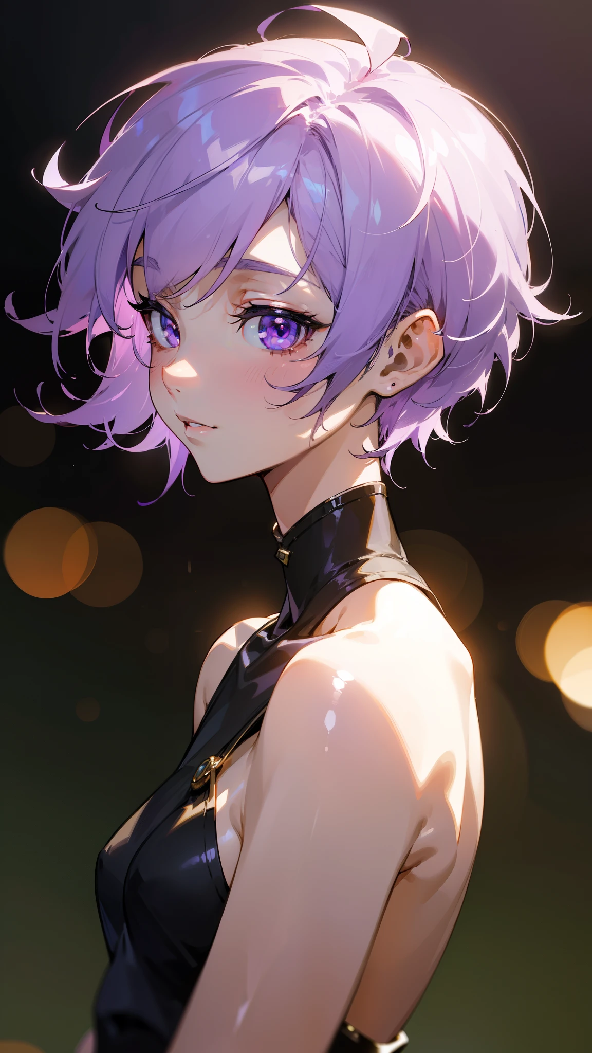 (masterpiece、Best Quality)、Exquisite details、8k、Sharp focus、(Bokeh) (Best Quality) (Skin refinement:1.3) (Exquisite details) (8k) (Detailed) (anime)、Small breasts、Light purple hair、Short Hair、Hair between the eyes、Beautiful purple eyes、Upper body close-up、profile、smile、I really like it