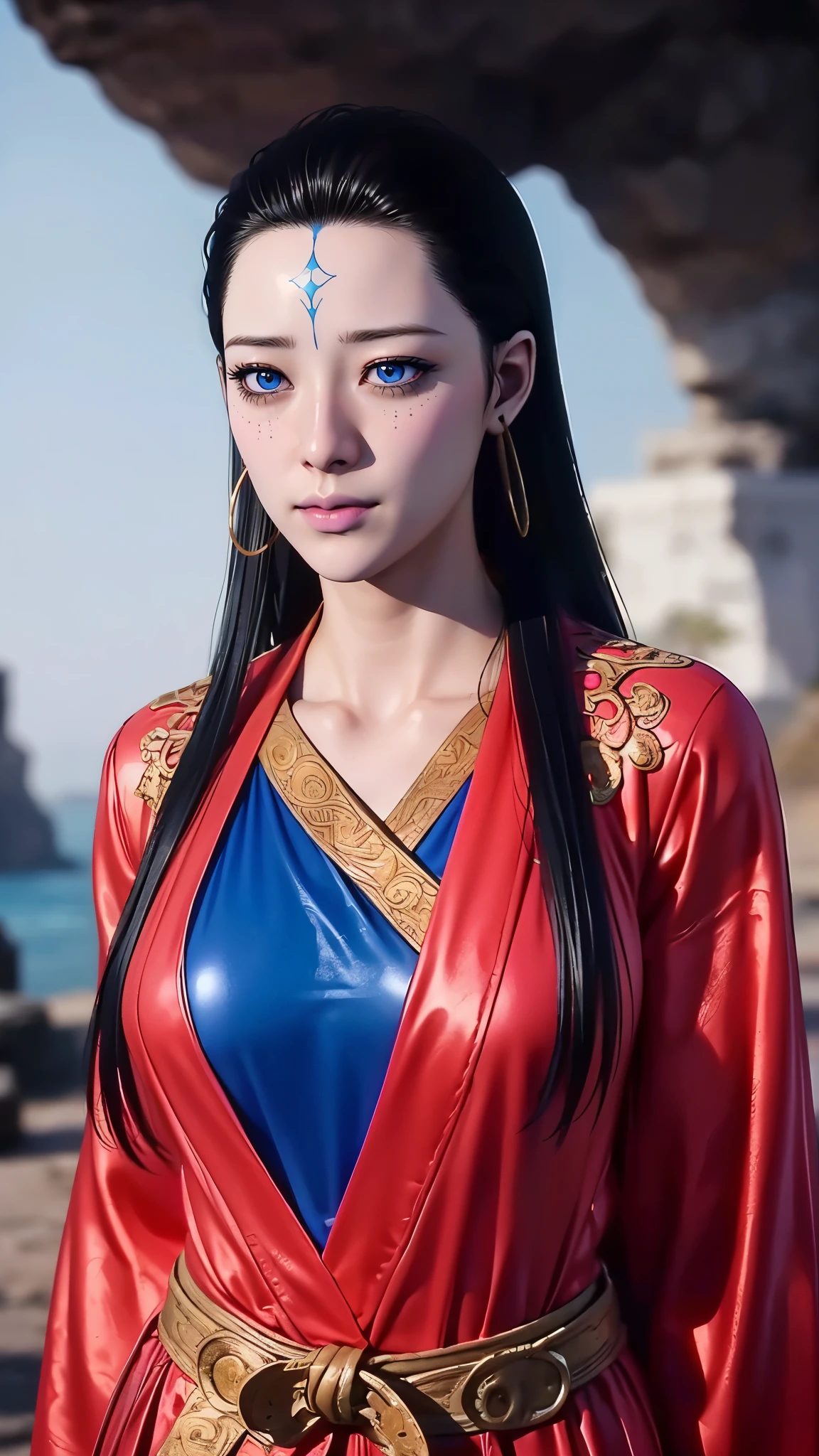 (（（figure，御姐figure，,Fair skin,（（（Blue Bikini，White shawl）））,(（（Black Myth: Wukong - Kang Jinlong，forehead mark，Blue marks on the forehead, rings on both ears,））),((masterpiece)),highres,((Best quality at best)),masterpiece,quality,Best quality,(（（ Exquisite facial features,Looking at the audience,There is light in the eyes, ）））,Medium bust size，Dynamic poses，，）））