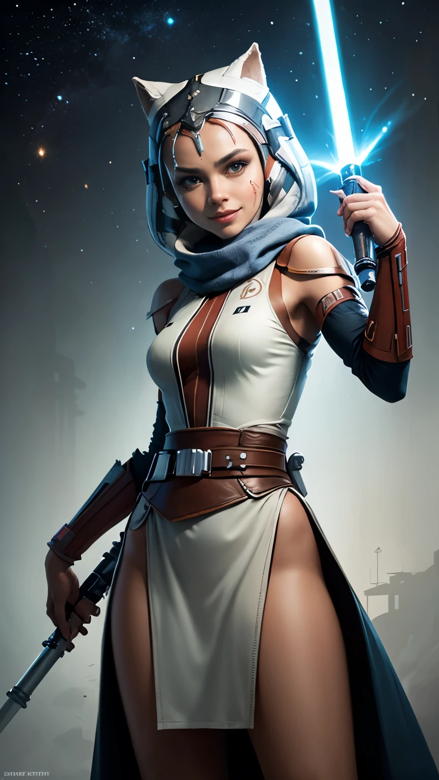 white dress, holding a lightsaber, portrait of five Ahsoka, wallpaper with sword of Cala Kestis, Jedi Woman, five Ahsoka,beautiful face, beautiful eyes ,triumphant smile , Джедай with a lightsaber, holding a lightsaber. splash of art, with a lightsaber, Jarey, star wars character, Jedi Knight, by Jason Felix, space boots, full height 