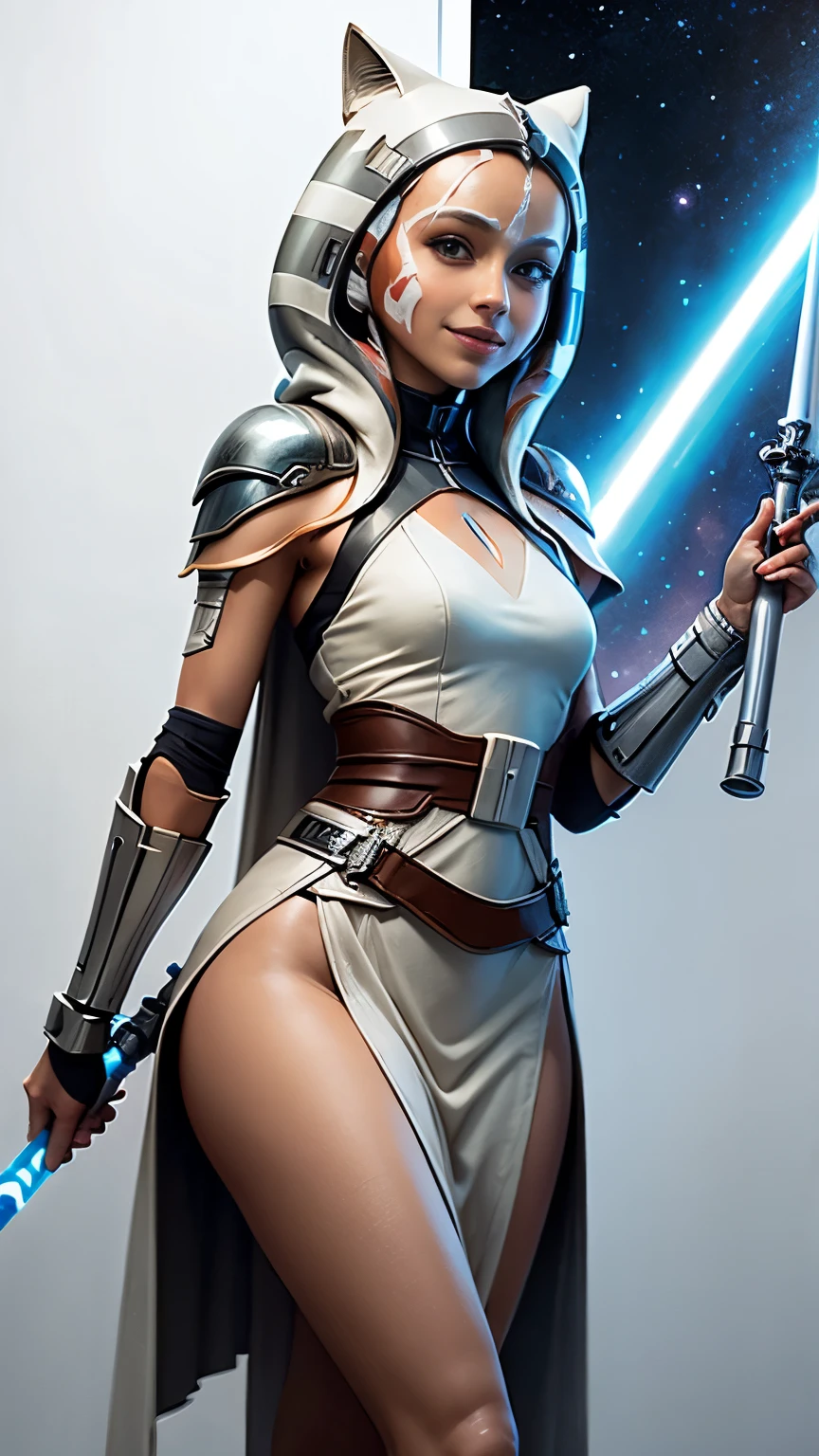 white dress, holding a lightsaber, portrait of five Ahsoka, wallpaper with sword of Cala Kestis, Jedi Woman, five Ahsoka,beautiful face, beautiful eyes ,triumphant smile , Джедай with a lightsaber, holding a lightsaber. splash of art, with a lightsaber, Jarey, star wars character, Jedi Knight, by Jason Felix, space boots, full height 