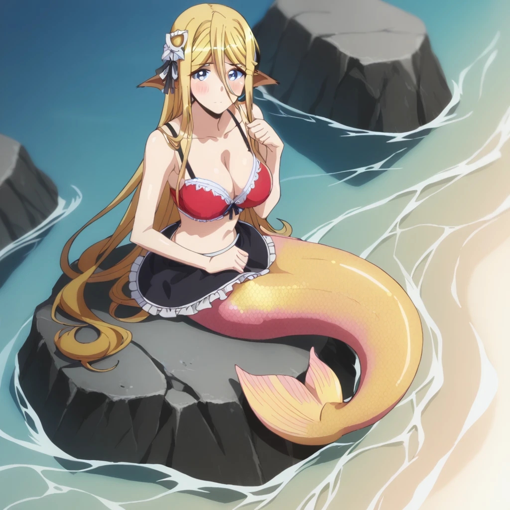 Full body, sit on rock, at beach, Centorea shianus, long hair, blonde hair, blue eyes, brown ears, mermaid, yellow mermaid tail, mermaid tail below waistline, bra maid, maid hair ornament, shy, looking at viewer, red blush, large breasts, 