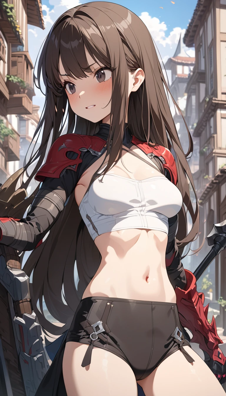 ((masterpiece, highest quality:1.2)),cowboy shot,1woman,20 year old beauty、solo,semi long hair,dark brown hair,very small head,,A strong smile,slender and long body,skinny,small breasts,oily skin,shiny skin,White tube top、navel、brown leather micro shorts,leather long boots,Iron Elbow Pad、Iron Gauntlet、Coliseum、Arena、