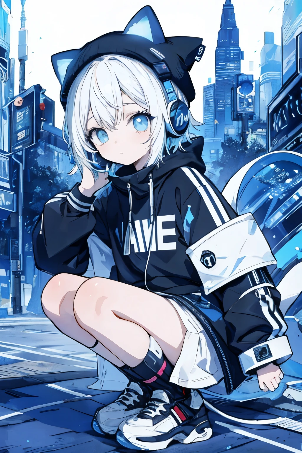 DJ TWIWAVE has short white hair, colorful blue eyes, and a focused expression. She wears a black beanie with cat ears, black headphones with white accents, and a futuristic white jacket with black and blue accents. A black and white striped tail stands out, along with her robotic legs. remixing making a pot sign with her hand she uses a two-fingered Anime